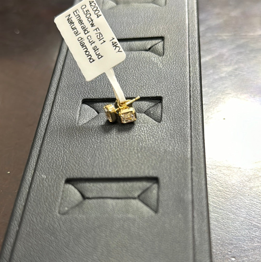 Emerald cut stud 0.50ctw F/SI1 14KY - Natural diamond 42004