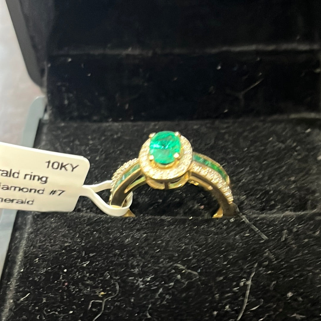 7x5 Emerald ring - 10KY - 0.30ctw diamond #7 - Natural emerald - 34442